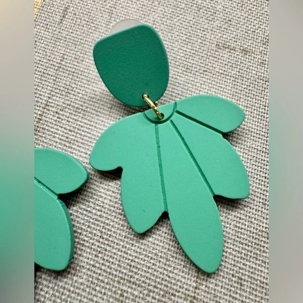 New Green Tropical Leaves Retro 80s Style Matte Finish Dangle Earrings - 2”